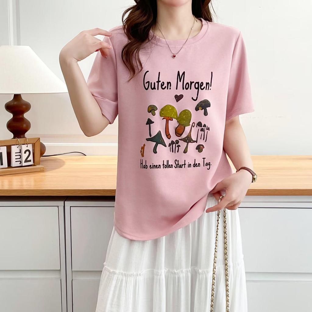 2026 New Summer Cartoon Mushroom Print Women's Round Neck Plus Size Casual Half Sleeve T-shirt