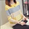 Spring and Autumn Women's Korean Version Color Blocked Knitted Sweater Loose Striped Base Sweater Pullover Round Neck Contrasting Top