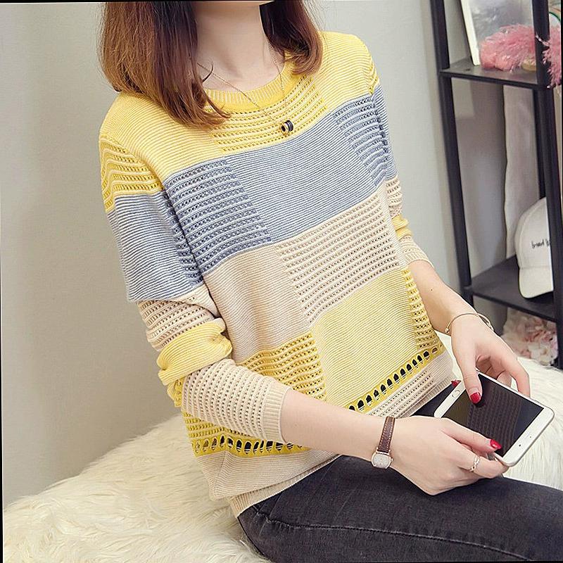 Spring and Autumn Women's Korean Version Color Blocked Knitted Sweater Loose Striped Base Sweater Pullover Round Neck Contrasting Top