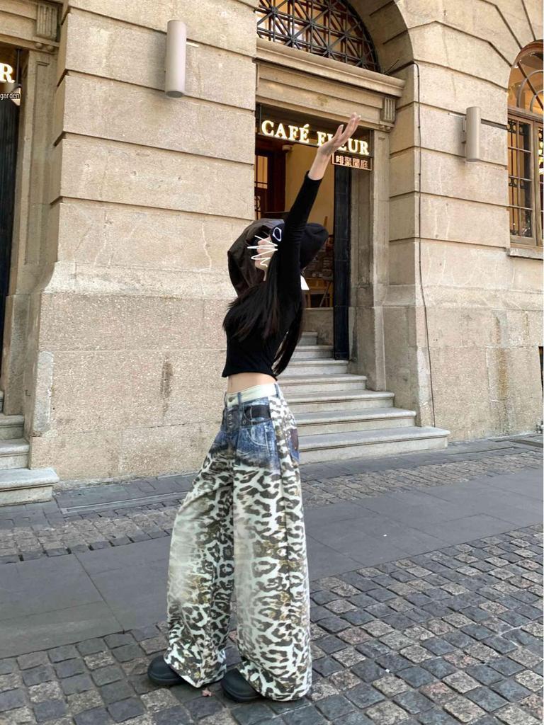 Women's American Retro Leopard Print Wide-Leg Jeans