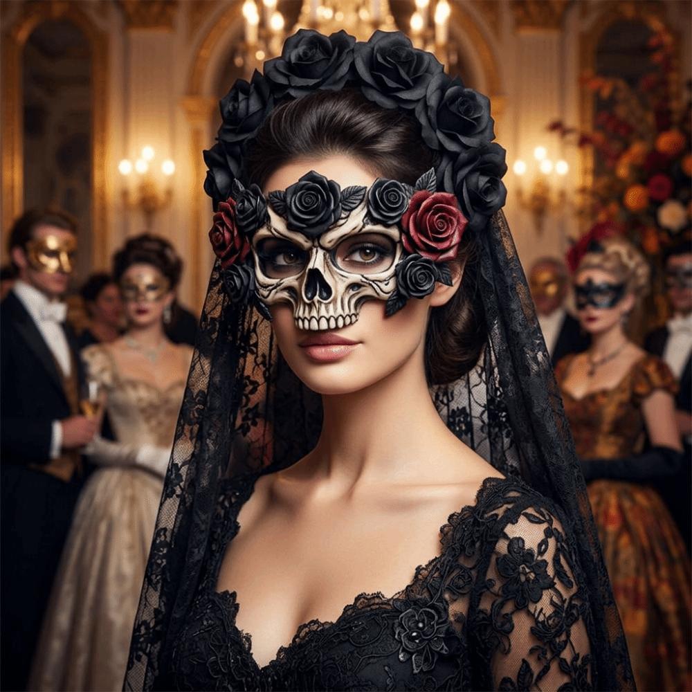 Simulation Rose Skull Mesh Veil Hairband Gothic Halloween Rose Headband  Women Accessories