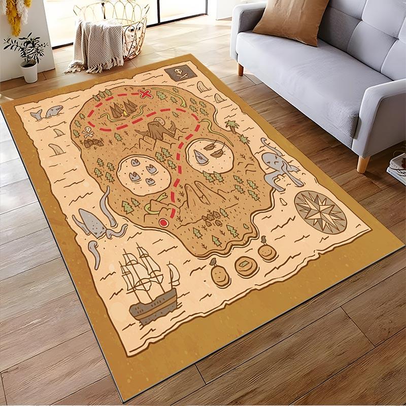 Antique Treasure Map-Inspired Carpet with Pirate Symbols for Kids Room Suitable for use as an anti-slip for living room bedroom sofas