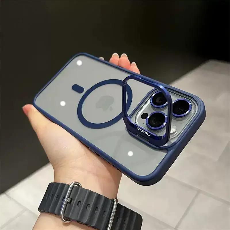 Magnetic Lens Metal Ring Stand Phone Case For IPhone 13 11 12 14 15 Pro Max Lens Glass Film Protection Transparent Magsafe Cover