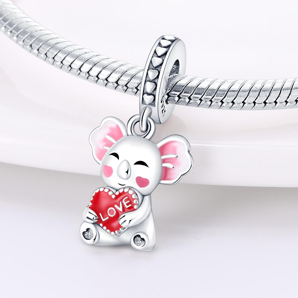 Charms Original Copper Koala Holds Heart Pendant Hand Beads Fit Bracelet Diy Fine Gift Women Delicate Jewelry Acces