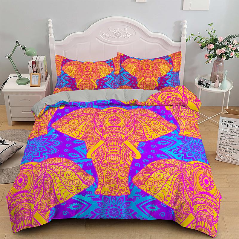 Bohemsk Elefant Sengetøy Sett Queen King Size Fargerikt 2/3 stk Dynetrekk Boho Psykedelisk Indisk Mandala Polyester Dyne Trekk