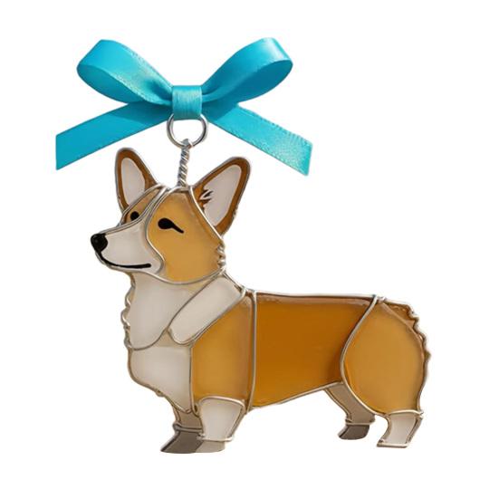 Colorful Dog Acrylic Suncatcher Stained Glass Corgi/Bulldog/Chihuahua Ornament Window Christmas Tree Hanging Decor with Bow Holiday Gift for Dogs