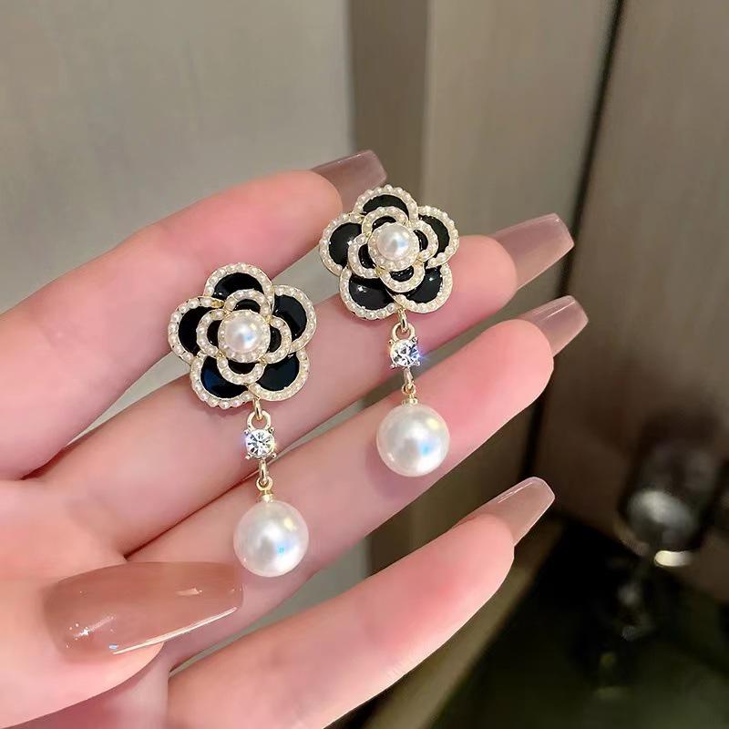 Camellia White Pearl Korean French Style Earrings for Women