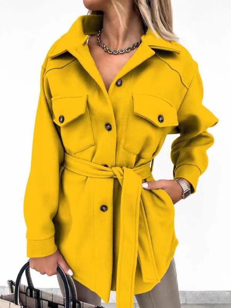 Women Winter Wool Coat with Lace Trim Long Sleeve Solid Color Autumn Fashion