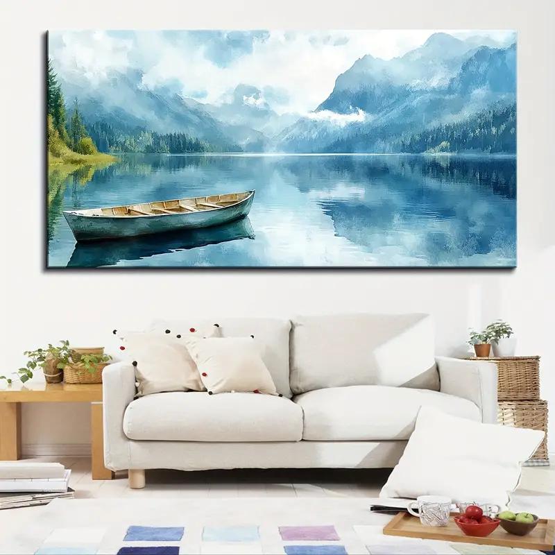 Płótno bez ramy o grubości 1,5 cala - Spokojne jezioro góry niebo krajobraz z obrazem łodzi, Nowoczesne dekoracyjne inspirowane naturą