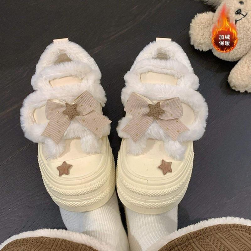 Womens White Plush-Lined Slip-On Loafers With Bow Detail Breathable Casual Flat Shoes Winter 2026