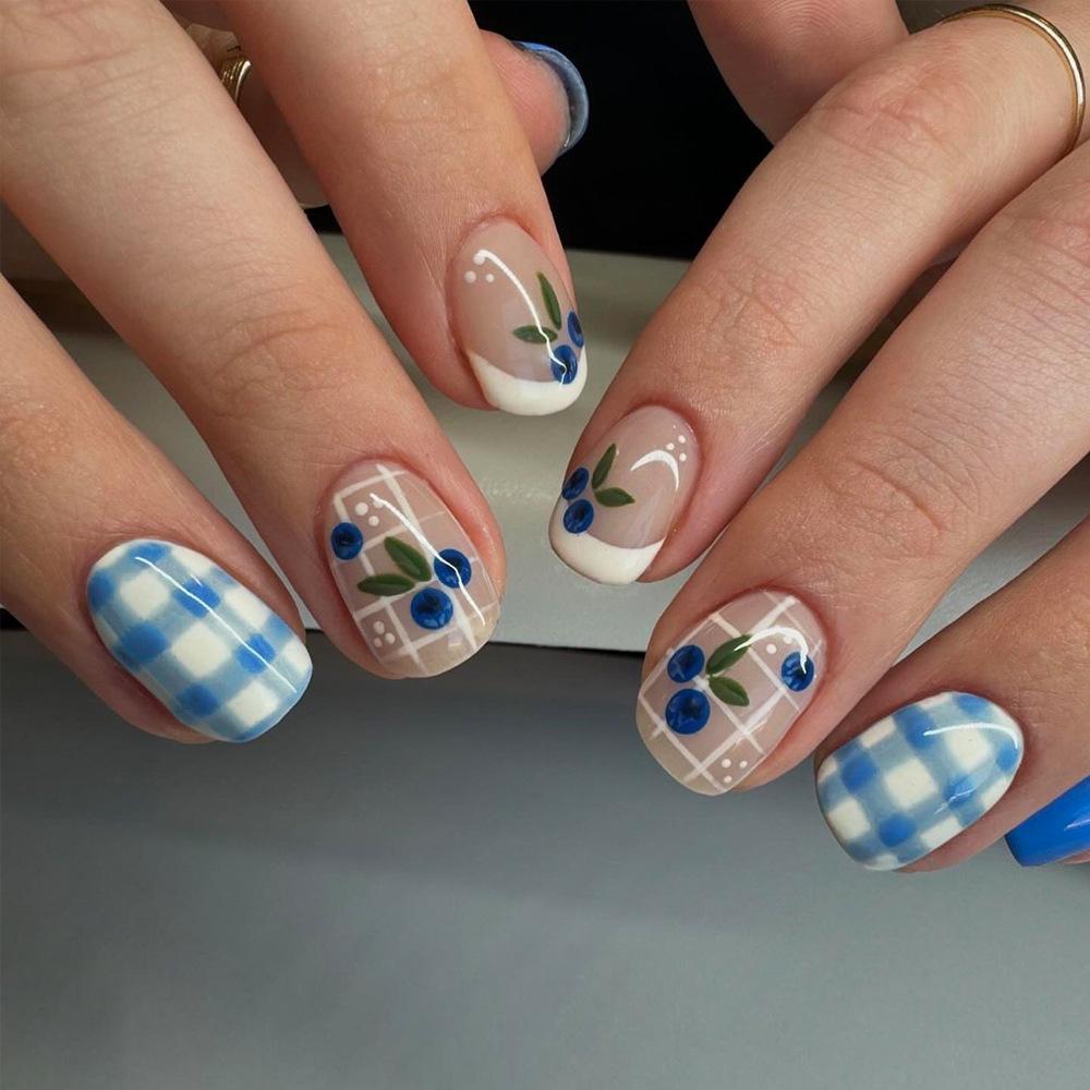 Sweet Japanese Ins Wind Blueberry Sticker Hot-selling Striped Plaid Nail Sticker 3D Unrolled Edge Nail Sticker