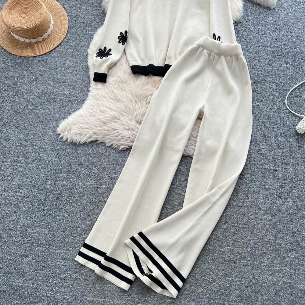 Autumn Winter Women Vintage Embroidery Flower Knitted Sweater Trouser Two Piece Set O-neck Pullover Tops and Pant Tracksuit