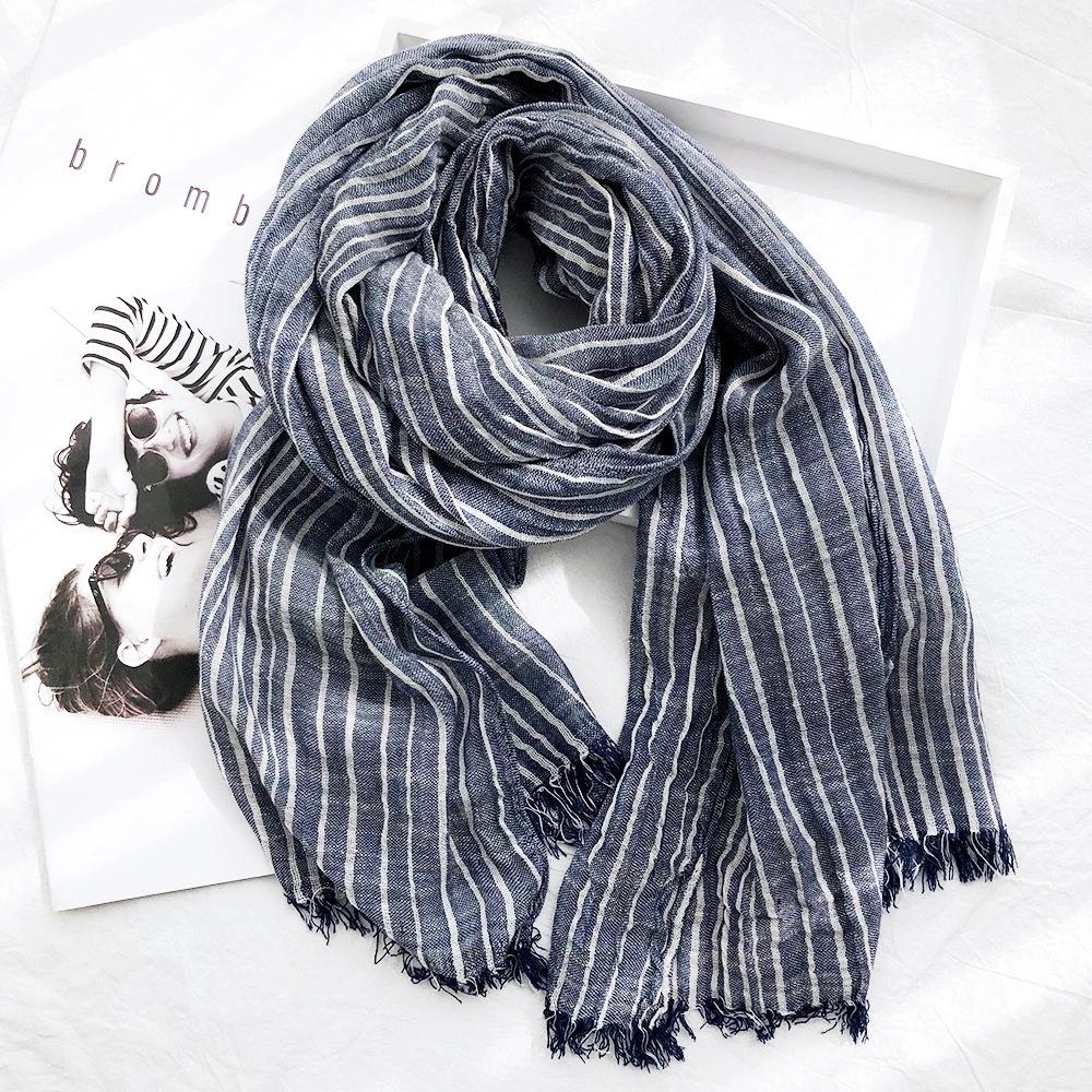 Autumn and Winter Striped Cotton and Linen Scarves for Women Classic Cotton and Linen Casual Silk Scarves for Men New Pleated Literary Retro Shawls