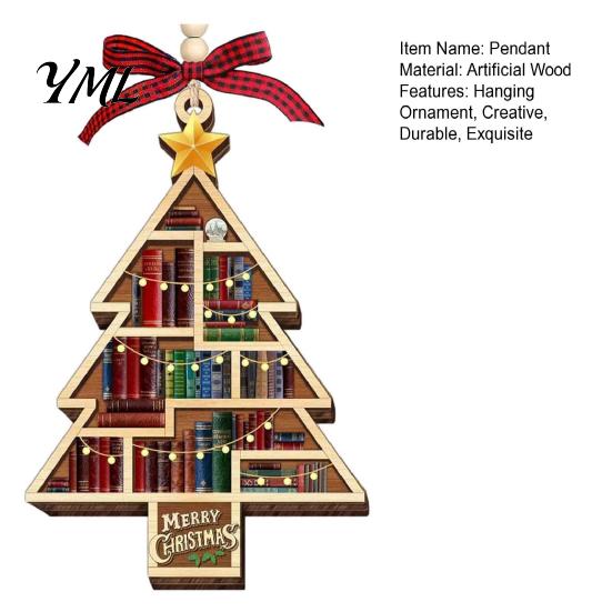 Wooden Book Tree Decoration Christmas Hollowed Pendant, Cross/Christmas Hanging Ornament, Decorative Bookish Pendant Plaid Bow Decor Craft for