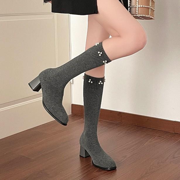 Fashion Versatile Retro Square Head Thick Heel Heightened Boots New Simple Pearl Fashion Boots Socks Boots