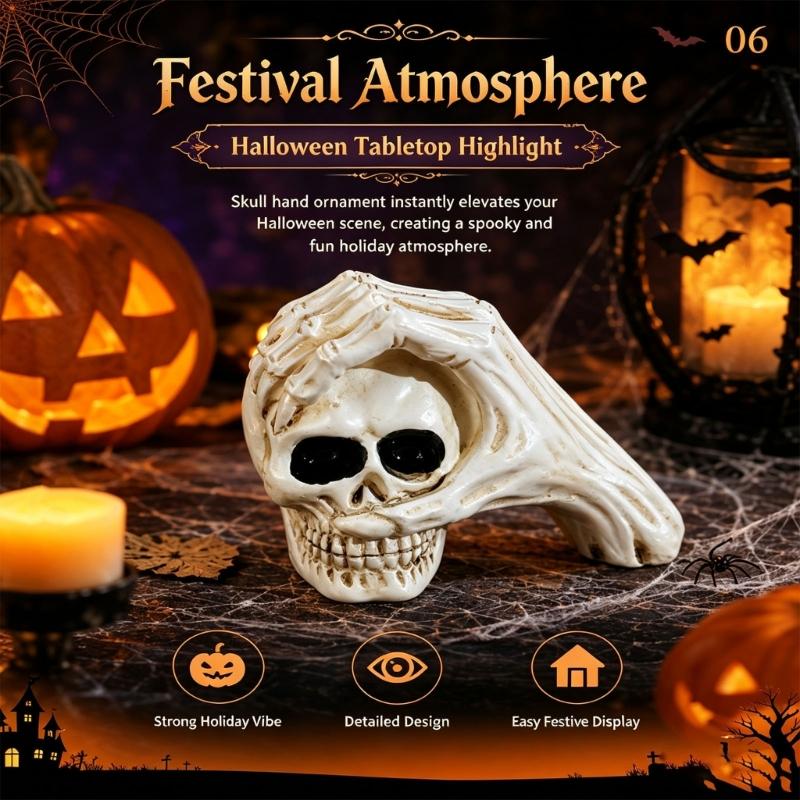 Resin Skull Figure for Halloween Display, Hand Over Skull Accent with Clear Bone Texture for Shelf Spots, Window Styling and Party Corner Use