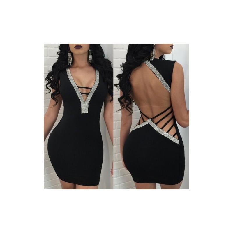 Stunning Women Sexy Deep V Rhinestone Backless Mini Dress For Special Events
