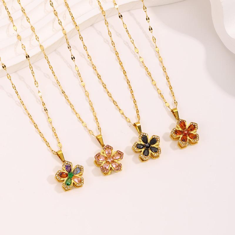 Necklace Light Luxury High Sense Niche Titanium Steel Necklace Trendy Brand Four-leaf Clover Rotatable Temperament Versatile Zircon Necklace Women