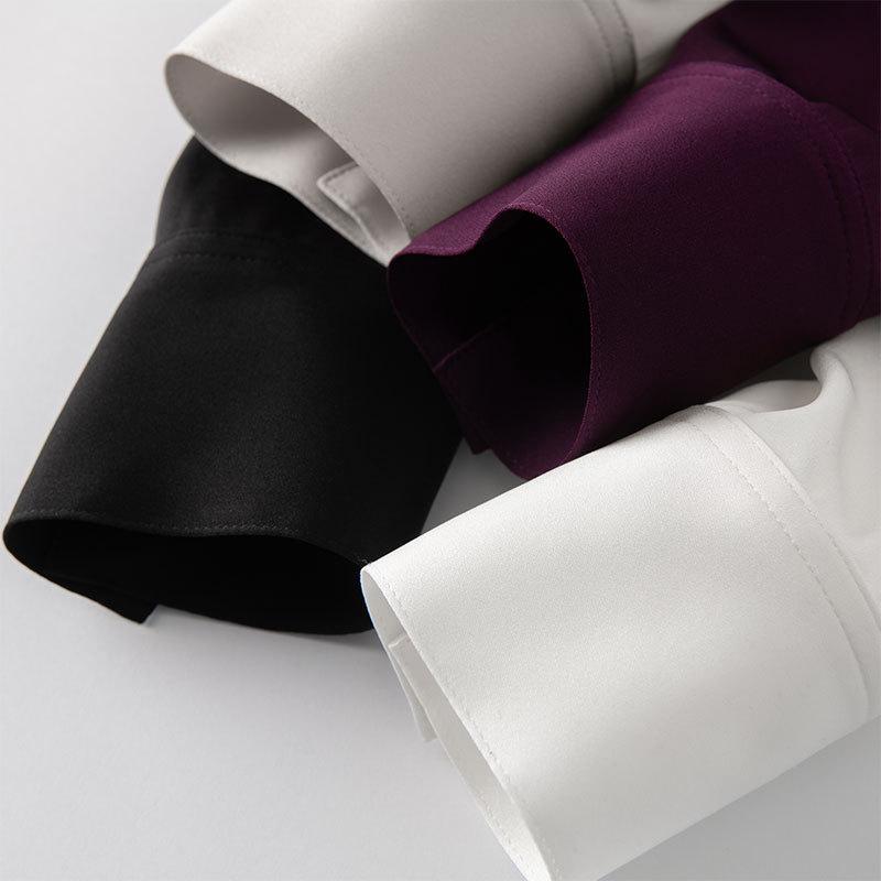 Women's Spring Ribbon Silk Blouse - Long Sleeve, Mid-Length, Slim Fit, Solid Color.