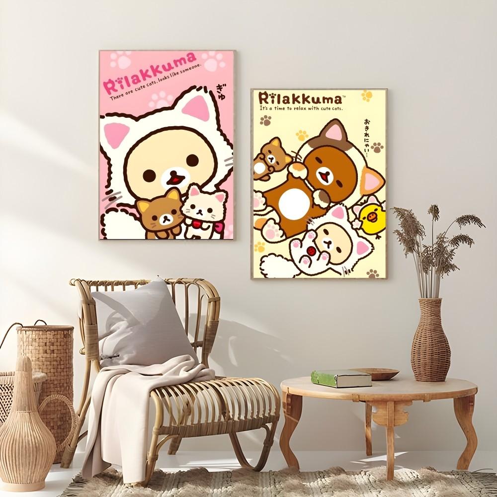 Uroczy Kreskówkowy Anime Rilakkuma Klasyczny Plakat HD 4K Samoprzylepny Druk na Ścianę Wodoodporny Wystrój Estetyczny do Domu Salonu Sypialni Baru