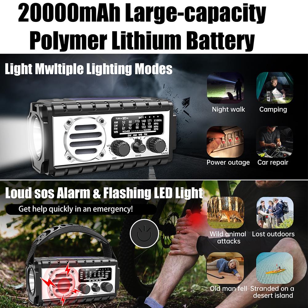 Emergency Hand Crank Radio 20000mAh Portable Weather Radio with Flashlight Reading Lamp SOS Alarm Solar Radio for Emergency/Home