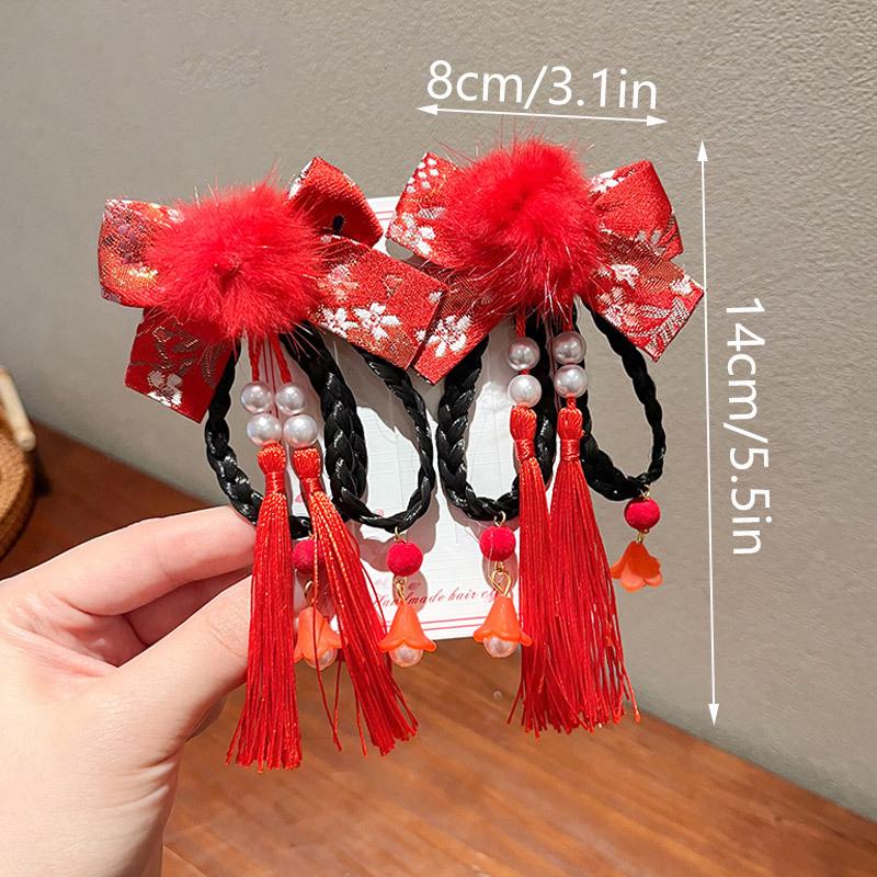 Red Children'S Hair Clip Chinese Style Hanfu Headwear Women'S Wig Tassel Hair Card Baby Hair Accessories