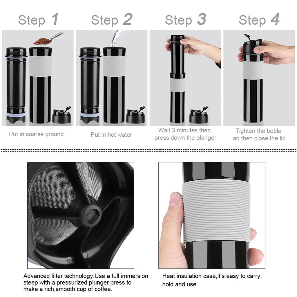 350ml Portable Coffee Press Bottle Tea Coffee Maker Drinking Water Cup for Travelling Black
