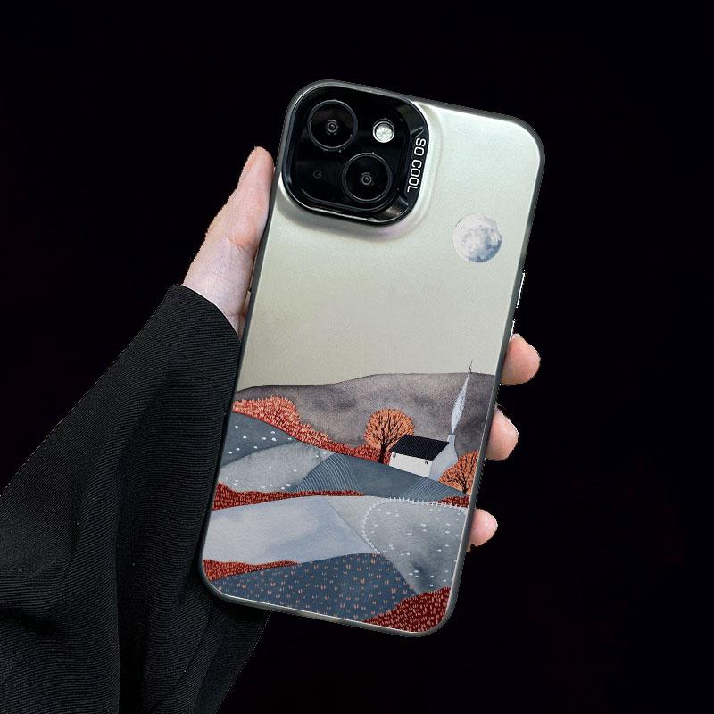 Mountain Landscape Cottage Minimalist Style Painting Phone Case For IPhone 16 15 Plus 16 15 14 13 12 11 Pro Max Mini Laser Cover