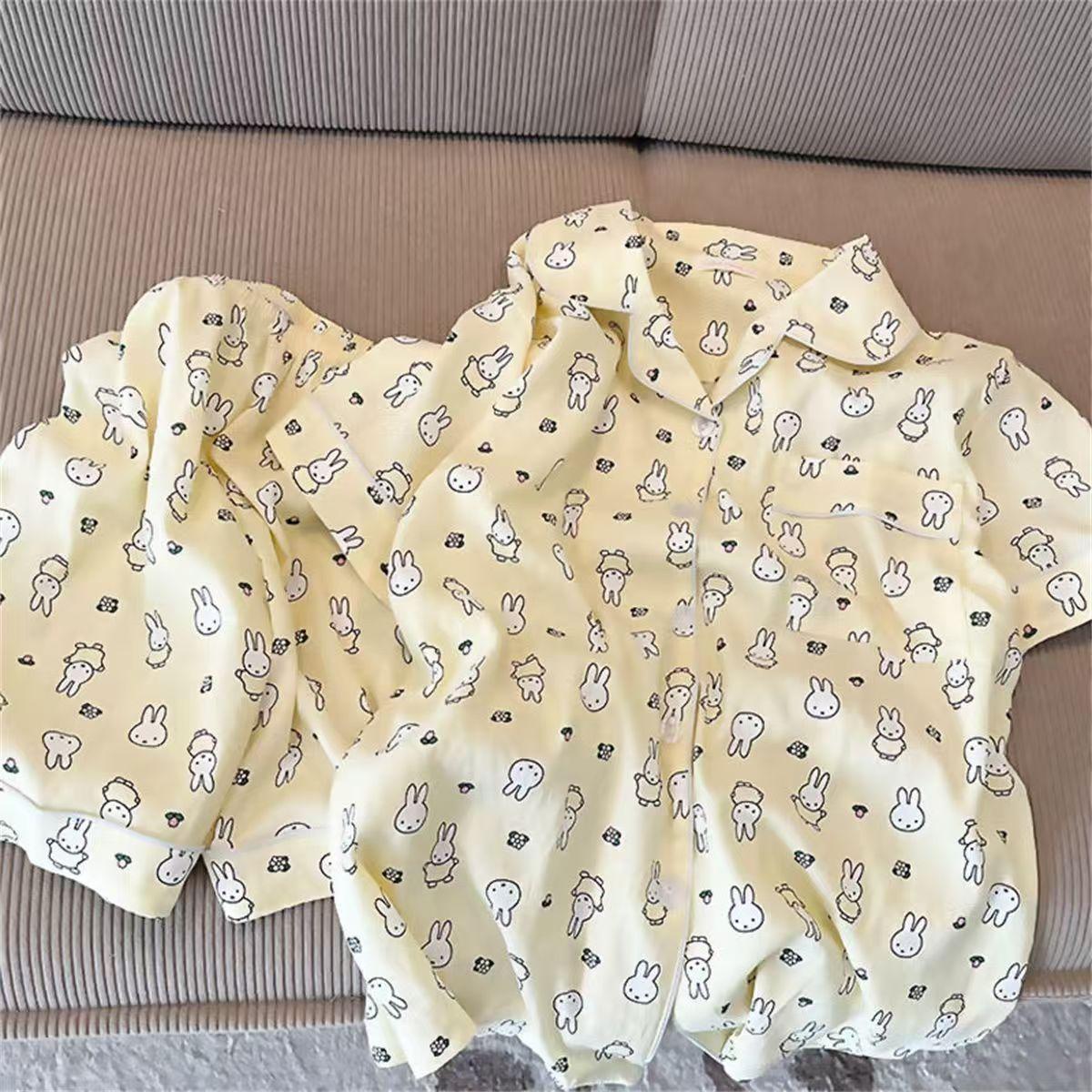 

Fashion Featured Cute Cartoon Yellow Rabbit Pajamas Women s Summer Short Sleeve Shorts Loungewear Suit Can be worn outside s [recommended weight 40-47.5kg]