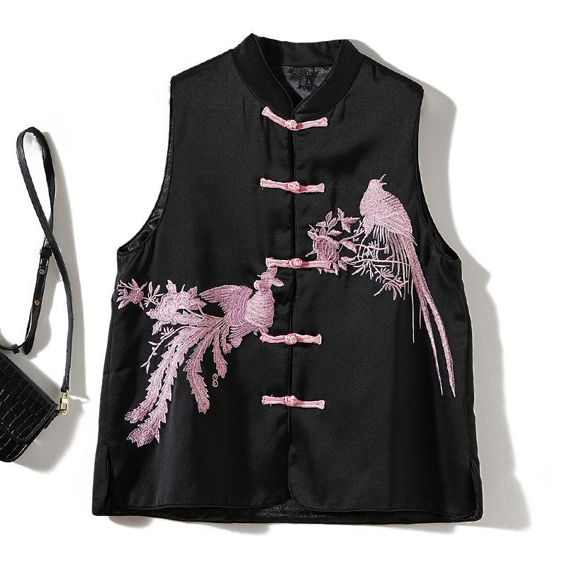 

Вышивка с благоприятными сороками! Китайский стиль Самый простой для сочетания Женский маленький воротник-стойка Поплин Шелк Однобортный Дизайн жилета Верхняя одежда Black L