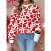 Women's Heart-Shaped Red And White Print Sweatshirt,Casual Autumn Loose Fit Crew Neck Long Sleeve Pullover For Date,Vintage Commute Style