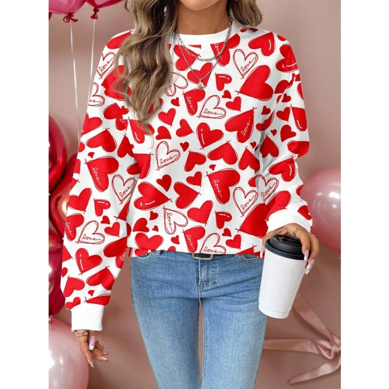 Women's Heart-Shaped Red And White Print Sweatshirt,Casual Autumn Loose Fit Crew Neck Long Sleeve Pullover For Date,Vintage Commute Style