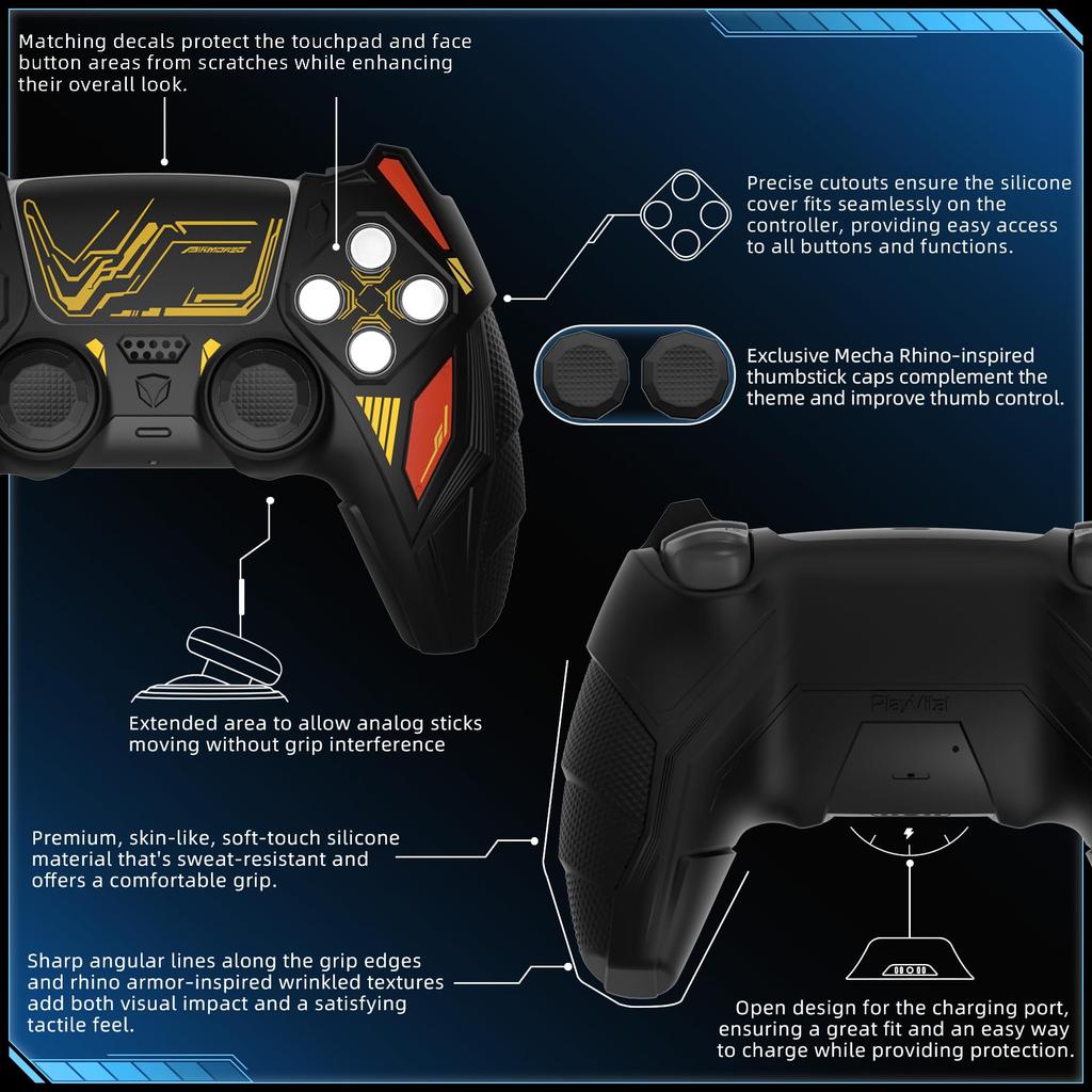 PlayVital PS5 Controller Silicone Mecha Rhino Shockproof Protective Easy Includes Thumb Grips and Compatible with Charging Black Red Cover, Series,