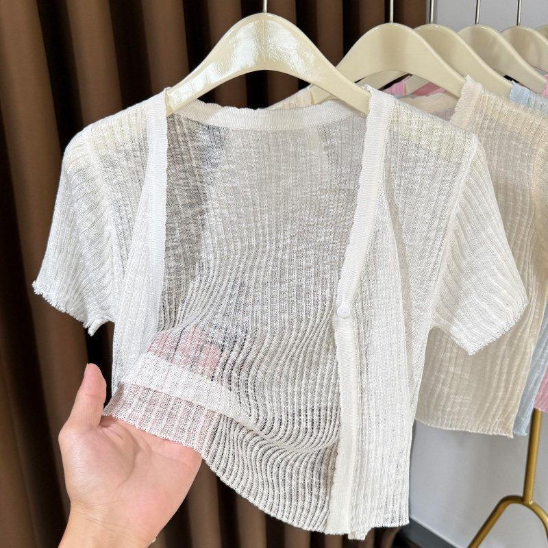 French Ice Silk Sun-Protective Knit Short Sleeve Shawl Cardigan for Women - Summer 2026