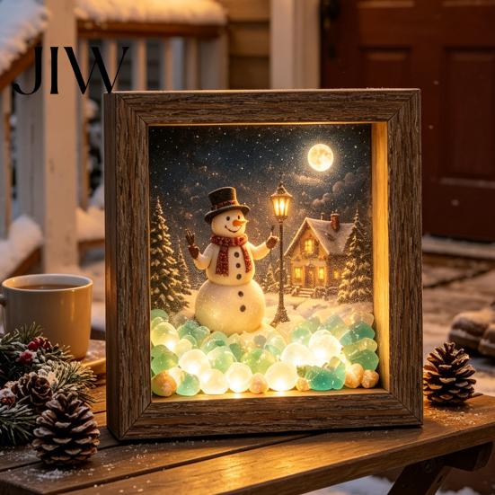 Winter Birthday Present Christmas Snowy Night Light Picture Frame, Vintage Wooden Frame 3D Mini Retro Wood Photo Landscape Lamp, Desktop Atmosphere
