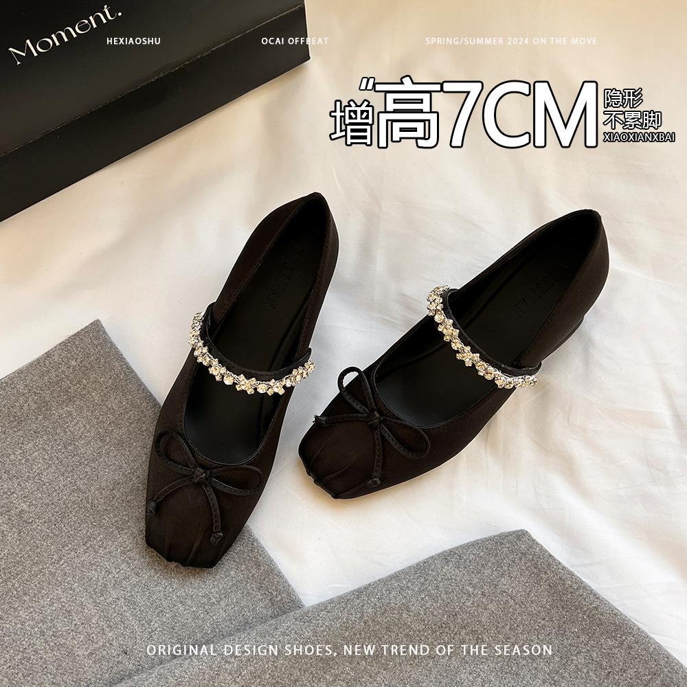 Sheepskin version~ inner height increase 7cm rhinestone one-word belt women's shoes spring and autumn new bow ballet Mary Jane single shoes