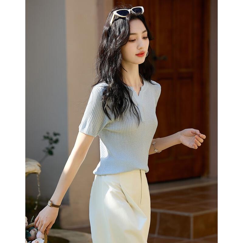 Demana Women's Summer Breathable Linen-Lyocell Blend V-Neck Knit Top