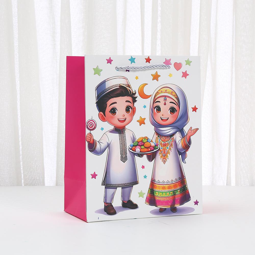 12pcs Ramadan Kareem gift bags Islamic kids cartoon paper bags for Eid treats and candy party packaging