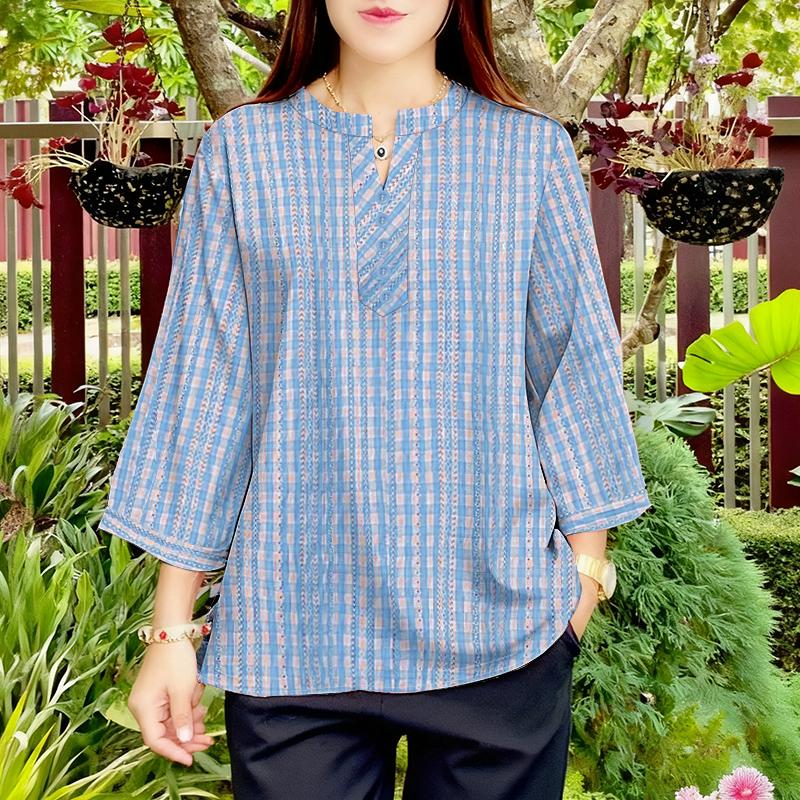 

ZANZEA Женская повседневная блузка с клетчатым принтом, V-образным вырезом и рукавами 3/4, свободного кроя 4XL синий