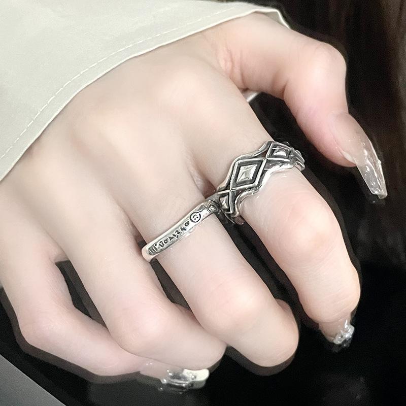 Cold Wind Personality Fashion Retro Retro Rhombus Niche Design Stacked Wearing Opening Adjustable Ring