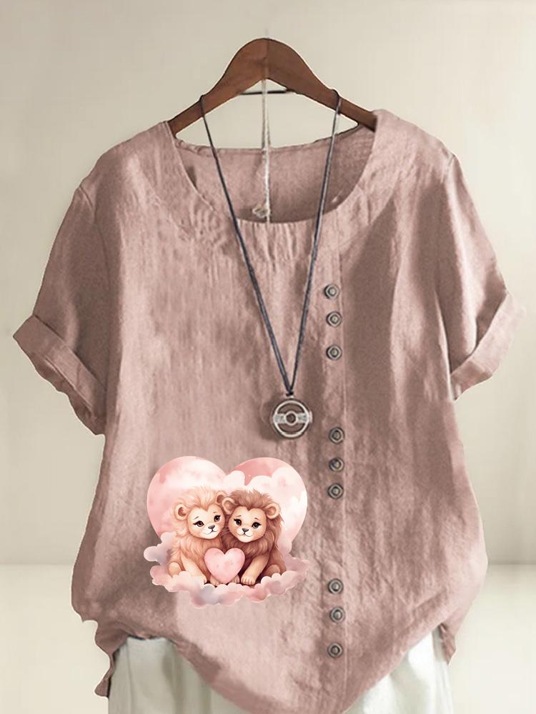 

Women s Fashion Couple Lion Print Round Neck Short Sleeve T-shirt Casual Cotton Linen Graphic Shirt Leisure Loose Summer Blouse Tops S розовый