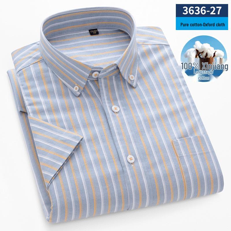 Herr sommar Oxford bomull kortärmad skjorta - Business Casual, Enzymtvättad, Antibakteriell