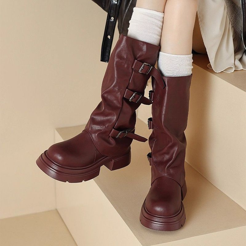 Retro Versatile Trend Fashion Thick Leg Boots 2025 Autumn New Cowboy Knight Boots Trousers Stacked Boots Women