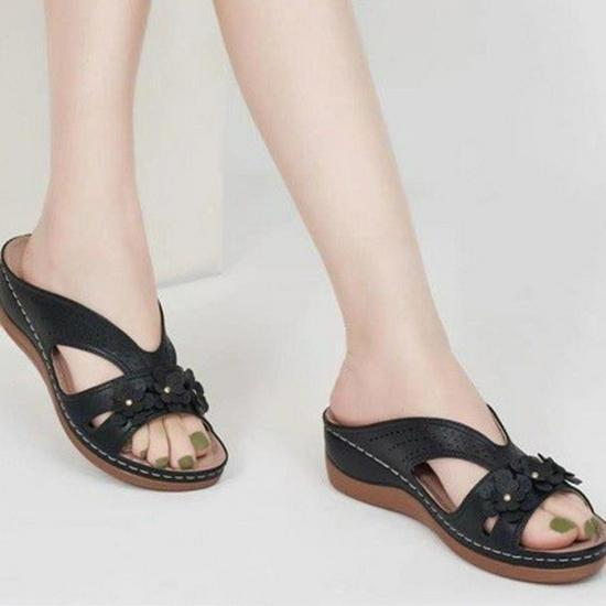 European & American Retro Floral Wedge Heel Plus Size Sandals & Slippers - 2025 Casual Beach One-Strap Design