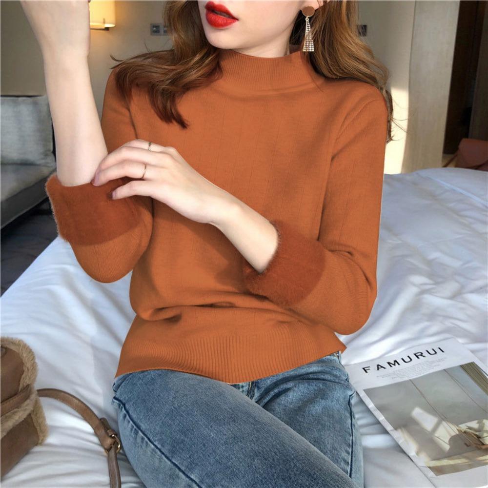 Autumn and Winter Women's Padded Thickened Sweater Single Layer Mid-collar Half-high Neck Knitted Bottoming Shirt Mink Warm Tops
