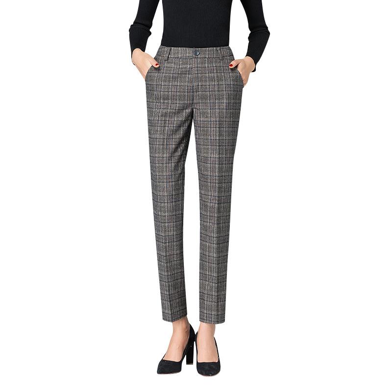 High-Waisted Wool Plaid Women's Pants - Autumn/Winter Straight Slim Suit Carrot Style
