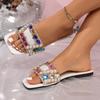 Fashion Women's Fashion Flat Slippers Summer New Square Head Shallow Mouth Diamond Buckle Soft Sole Anti-slip Wear-resistant Sandals