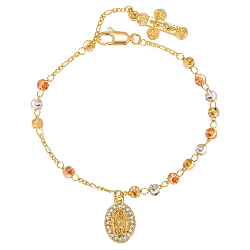 Luxury Retro Virgin Mary Tri-color Bead Cross Bracelet for Women, Adjustable Chain Jesus Pendant Bracelet, Religious Jewelry