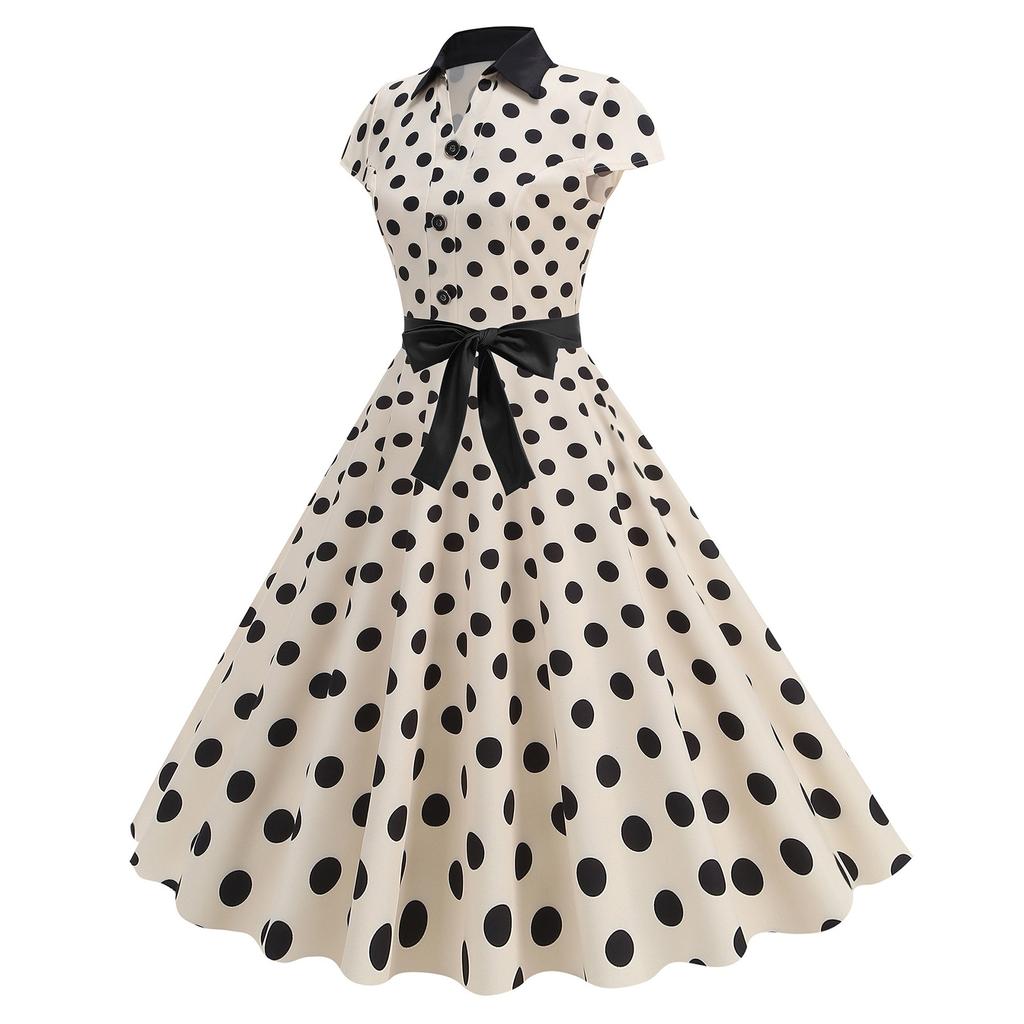 Women's Fashionable Retro Standing Collar Printed Spliced Large Swing Lace Dress