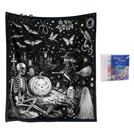 Interactive Coloring Art Gift Halloween DIY Blanket with 24 Markers, Washable Throw Blanket, Color Fabric Kit Your Own Spooky Pattern Mat for